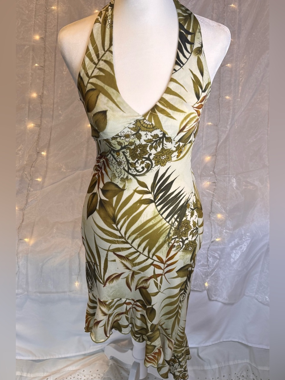 Authentic Y2K Sirens Size S Tropical Halter
Midi Dress Boho Fairy Botanical Palm